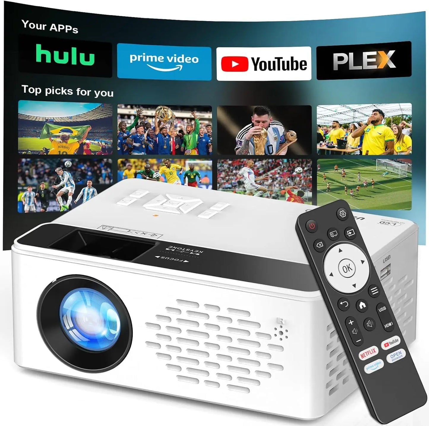 1080P Smart Projector with WiFi & Bluetooth, Compatible with Netflix, Prime Video, YouTube, for Home & Outdoor, Gaming, Camping