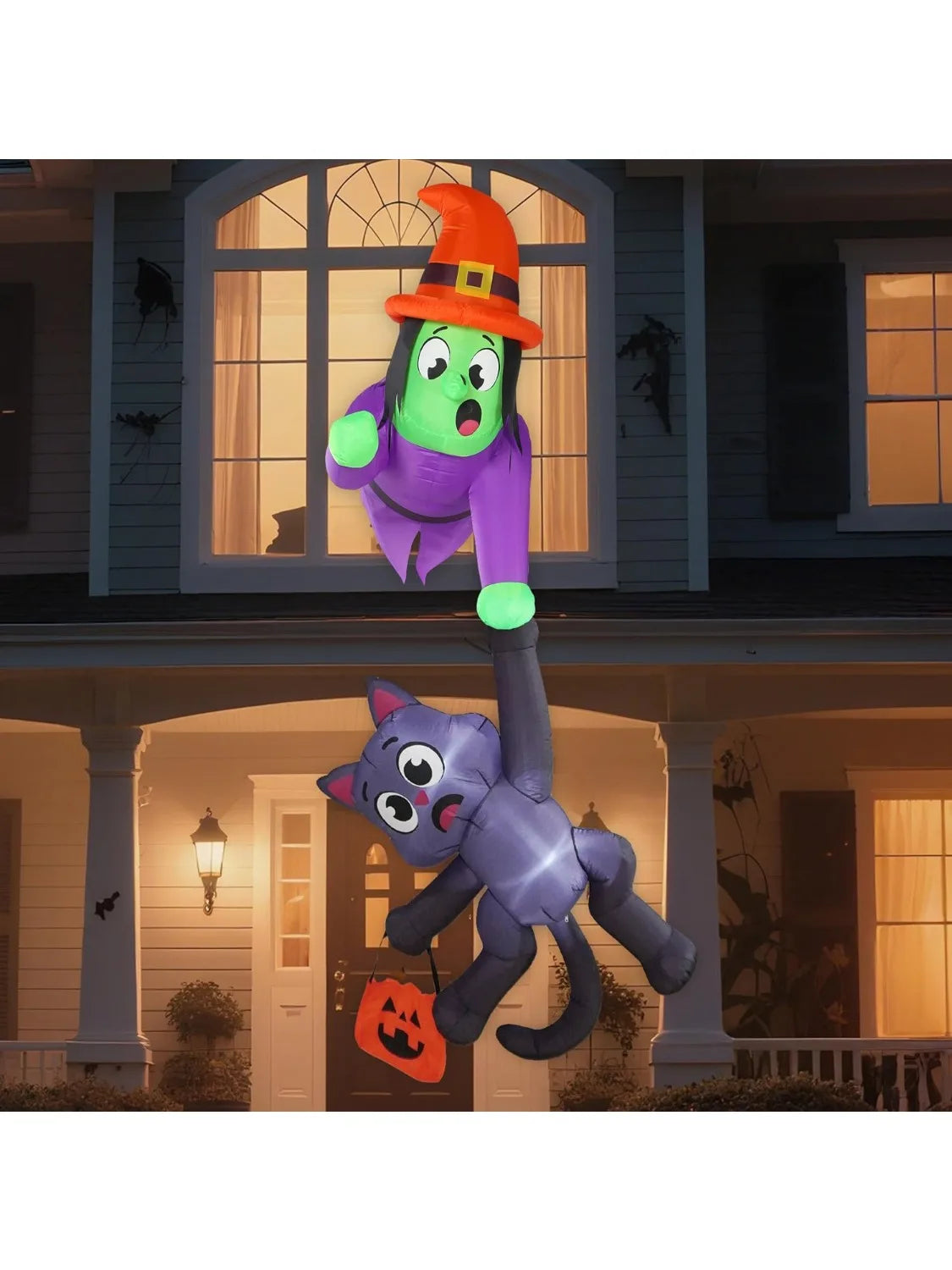 8FT Tall Witch and Black Cat Halloween Blow Up Roof Decoration  Inflatable Decoration with LED Lights Giant Halloween Inflatables for Outdoor Yard Roof Decor Indoor Garden Lawn Party Supplies