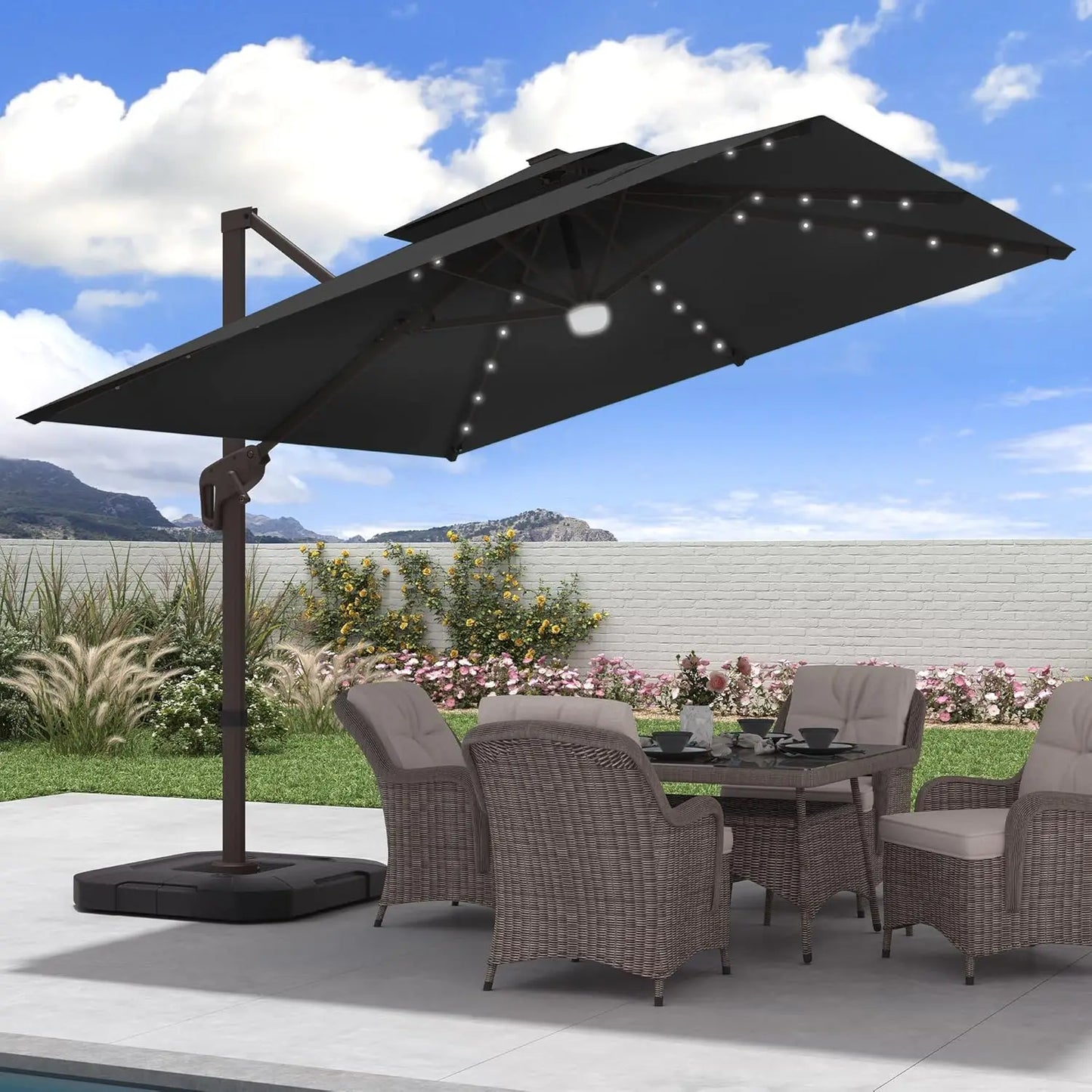 9x9 FT Outdoor Cantilever Patio Umbrella with Base Included and Solar LED Lights, Large Heavy Duty 2-Tier Square, Customized