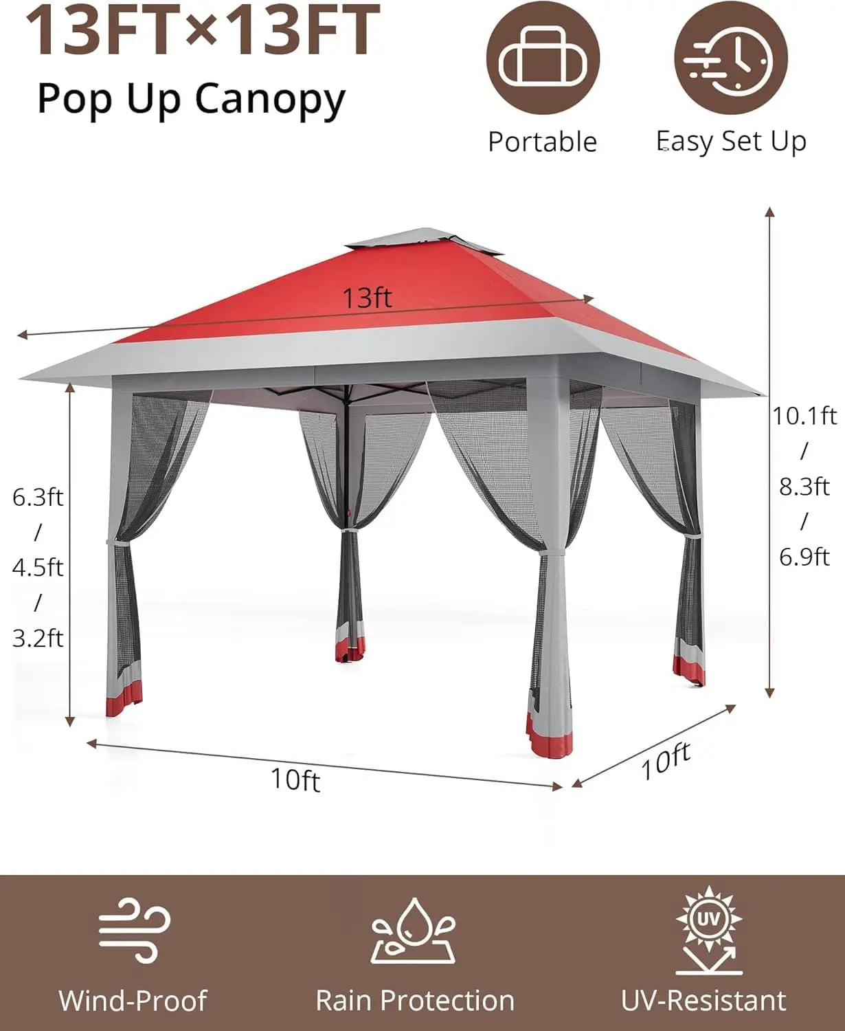 Pop-Up Outdoor Gazebo 13x13FT with Double Roof, Mosquito Netting, Adjustable Height, UV-Resistant Heavy-Duty Patio Canopy Tent