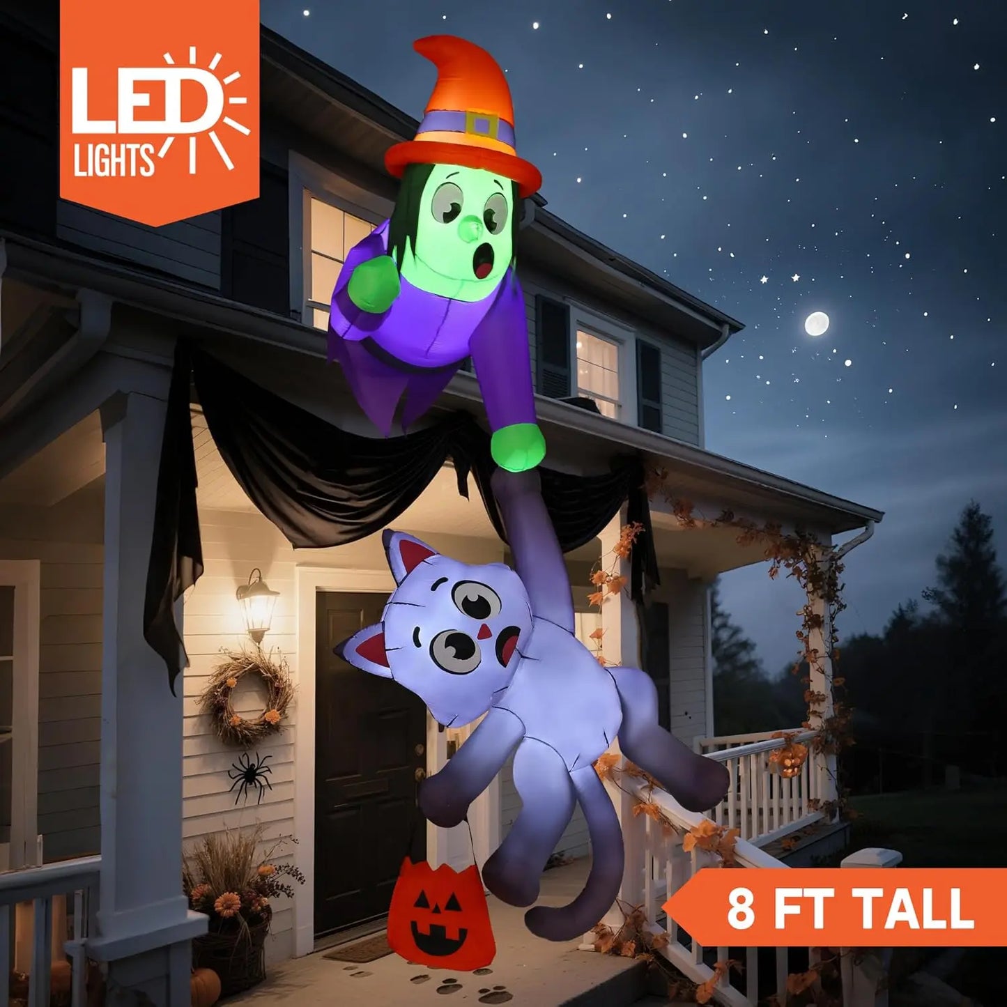 8FT Tall Witch and Black Cat Halloween Blow Up Roof Decoration  Inflatable Decoration with LED Lights Giant Halloween Inflatables for Outdoor Yard Roof Decor Indoor Garden Lawn Party Supplies