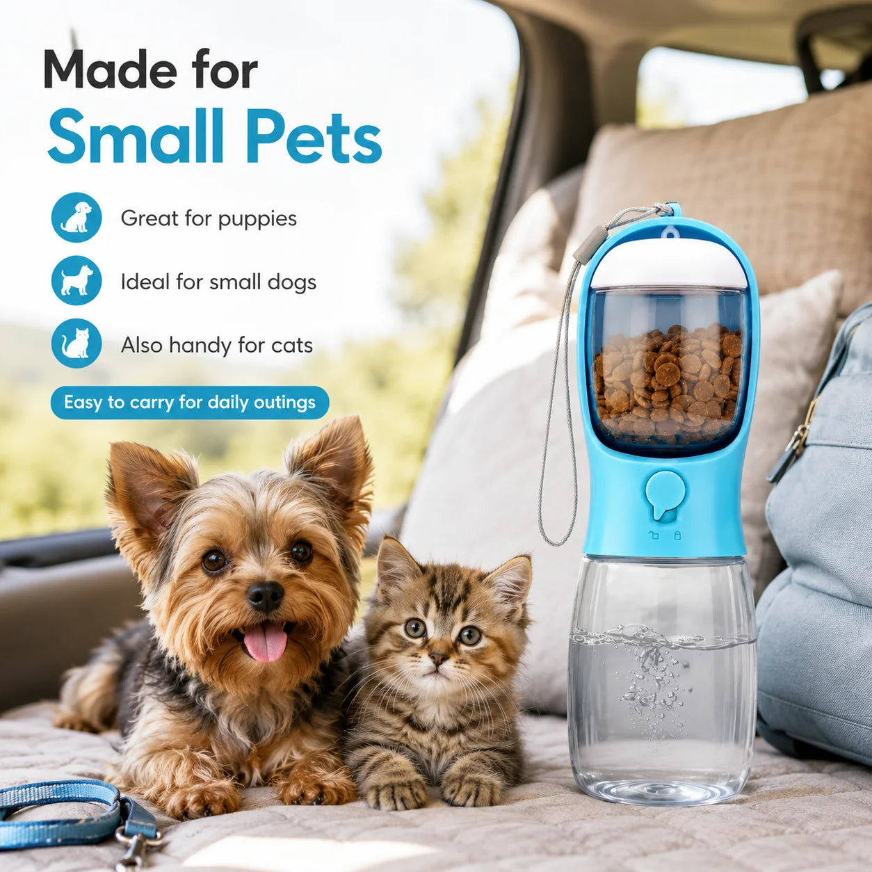 Portable Dog Water Bottle with Food Container, Leak-Resistant 3-in-1 Pet Travel Dispenser with Bowl for Small Dogs and Cats