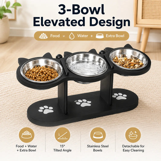 15° Tilted Elevated Cat Bowl Stand with 3 Stainless Steel Bowls for Cats, Puppies and Small Pets, Detachable, Easy to Clean