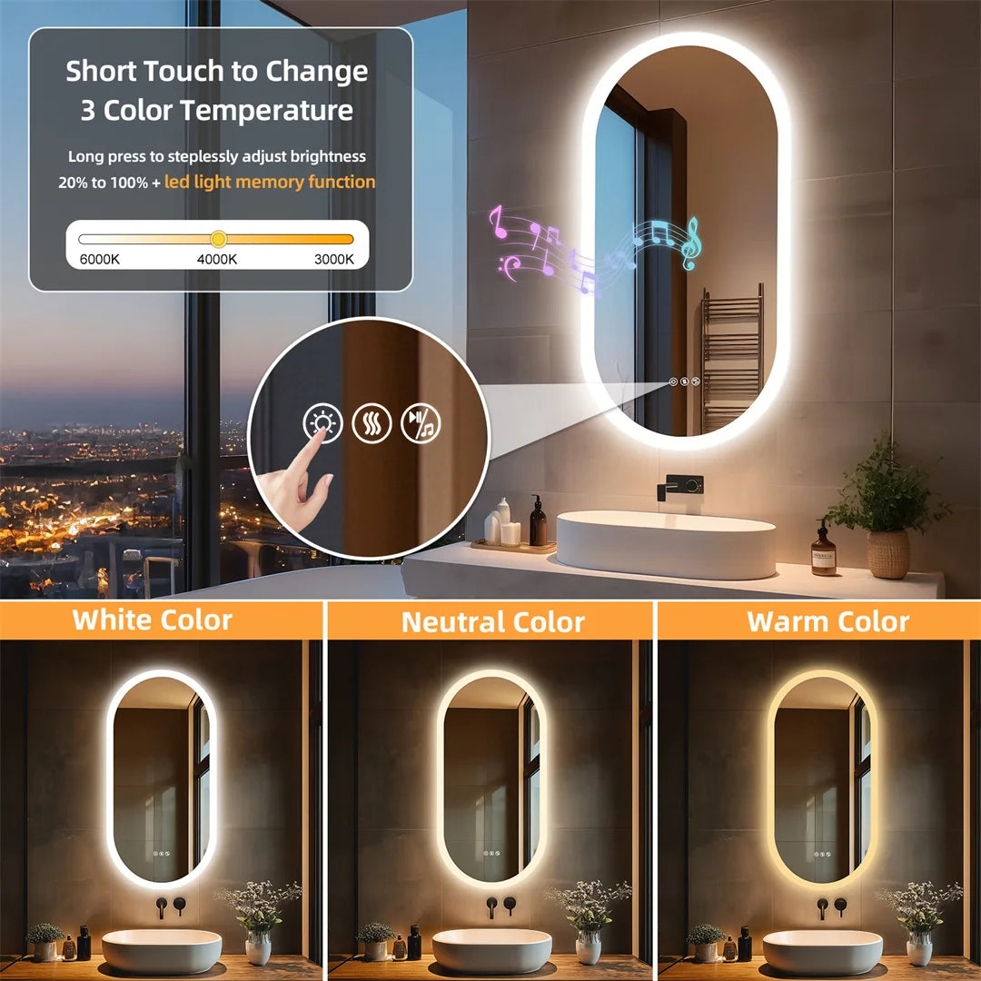 LUVODI Smart Bluetooth Lighted Bathroom Mirror with Dimming Backlit Wall Vanity Anti-Fog Tempered Glass for Sink Dressing