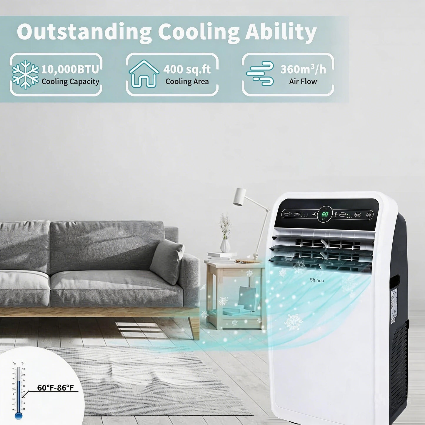 Shinco 10,000 BTU Portable Air Conditioner, Portable AC Unit with Built-in Cool, Dehumidifier & Fan Modes for Room up to 400 sq.