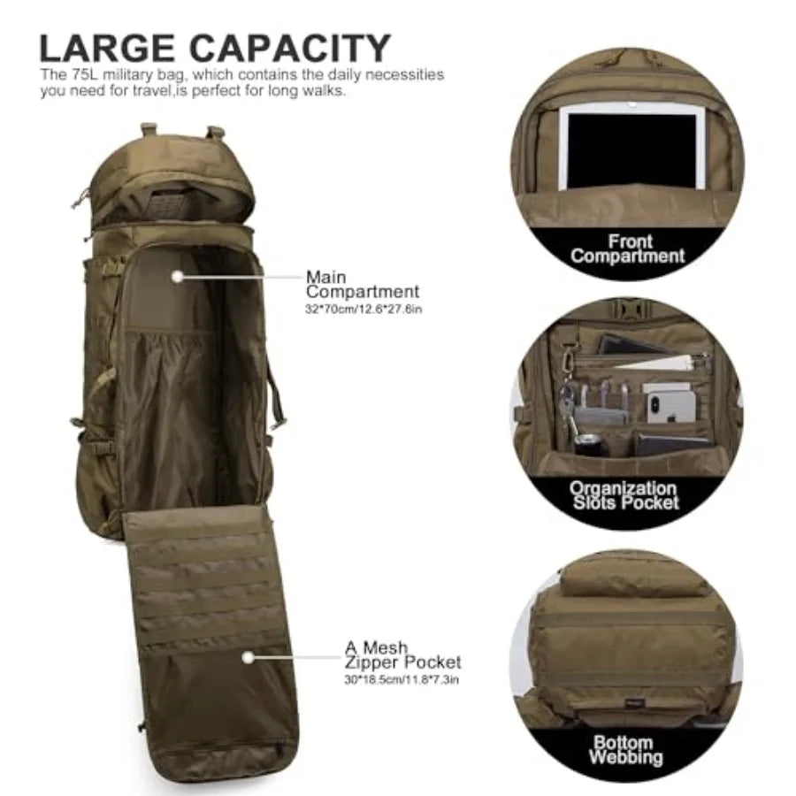 75L Molle Hiking Internal Frame Backpacks with Rain Cover for Camping, Backpacking, Travelling