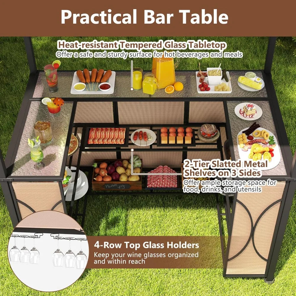 3-Piece Patio Bar Set, Grill Gazebo & 2 Bar Stools with Tempered Glass Bar Table, Metal Storage Shelves, Glass, Customized