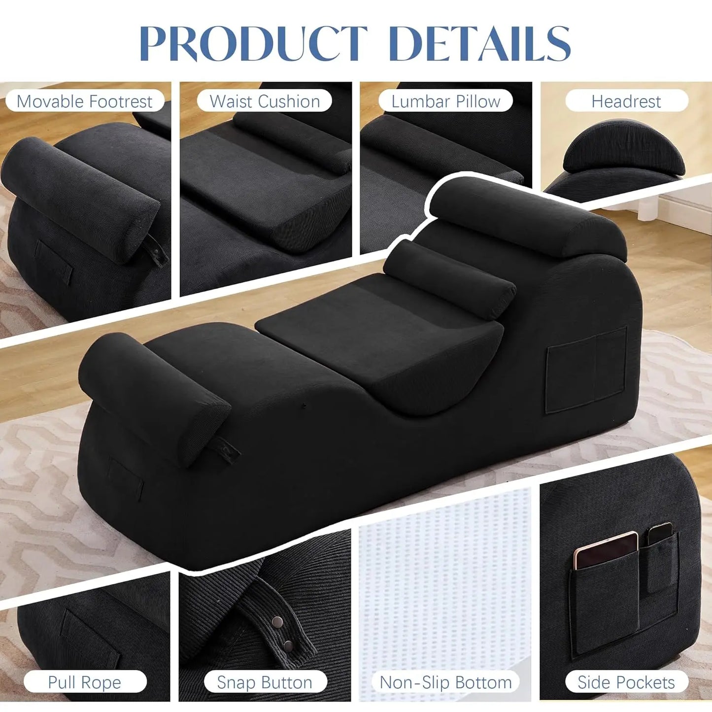 Ergonomic Yoga Chaise Lounge Indoor Side Pockets Lumbar Pillow Stretching Exercise Home, Customized