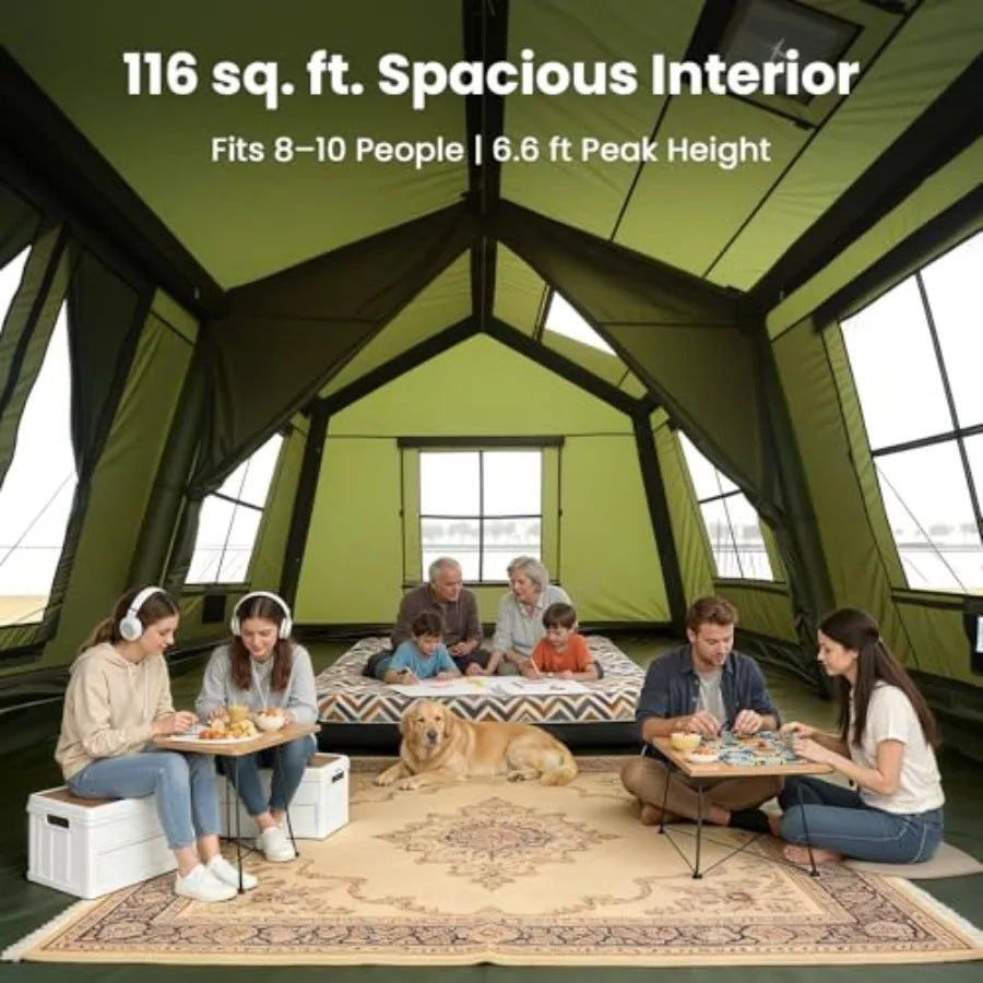 8-10 Person Inflatable Camping Tent,Easy Setup Blow Up Tent with Hand Pump,PU3000mm Waterproof Breathable 4 Season Glamping Tent