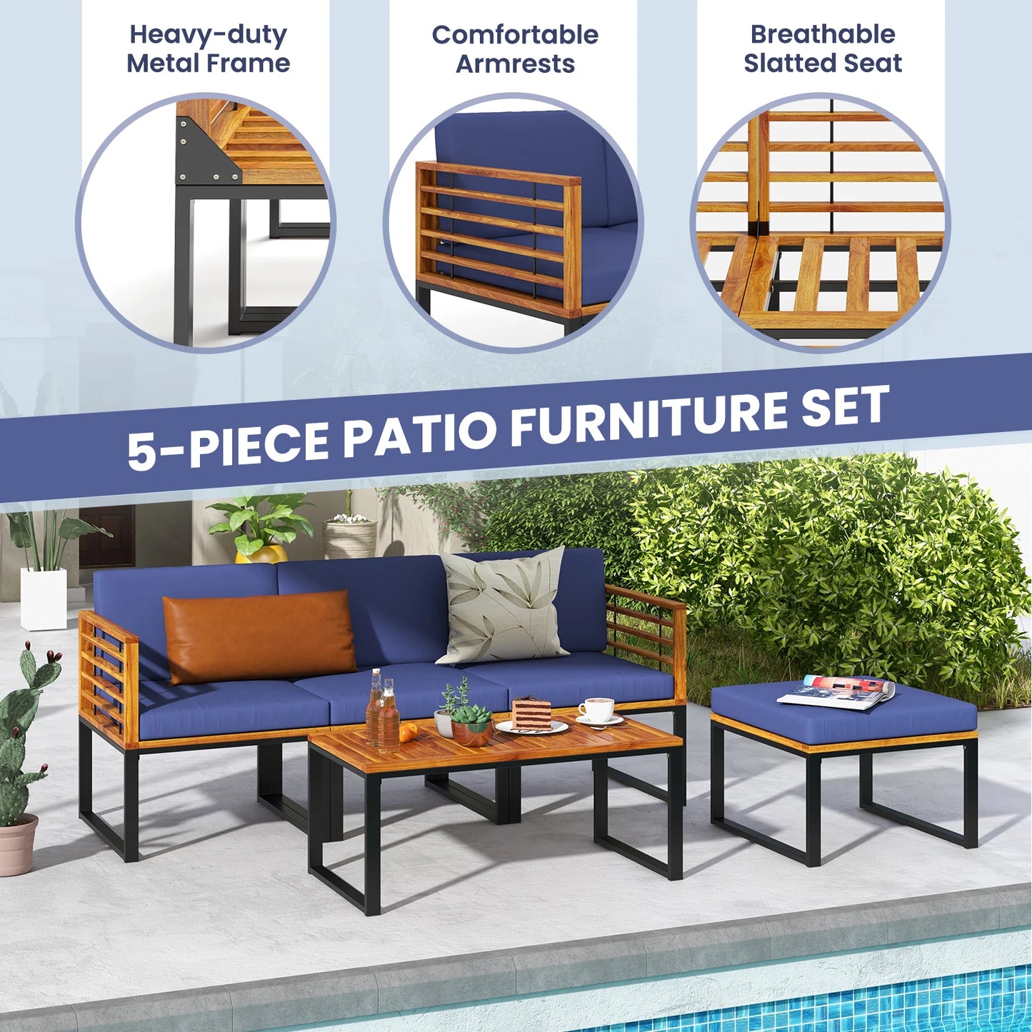 5 Piece Patio Chair Set, Acacia Wood Chair Set with Ottoman & Coffee Table