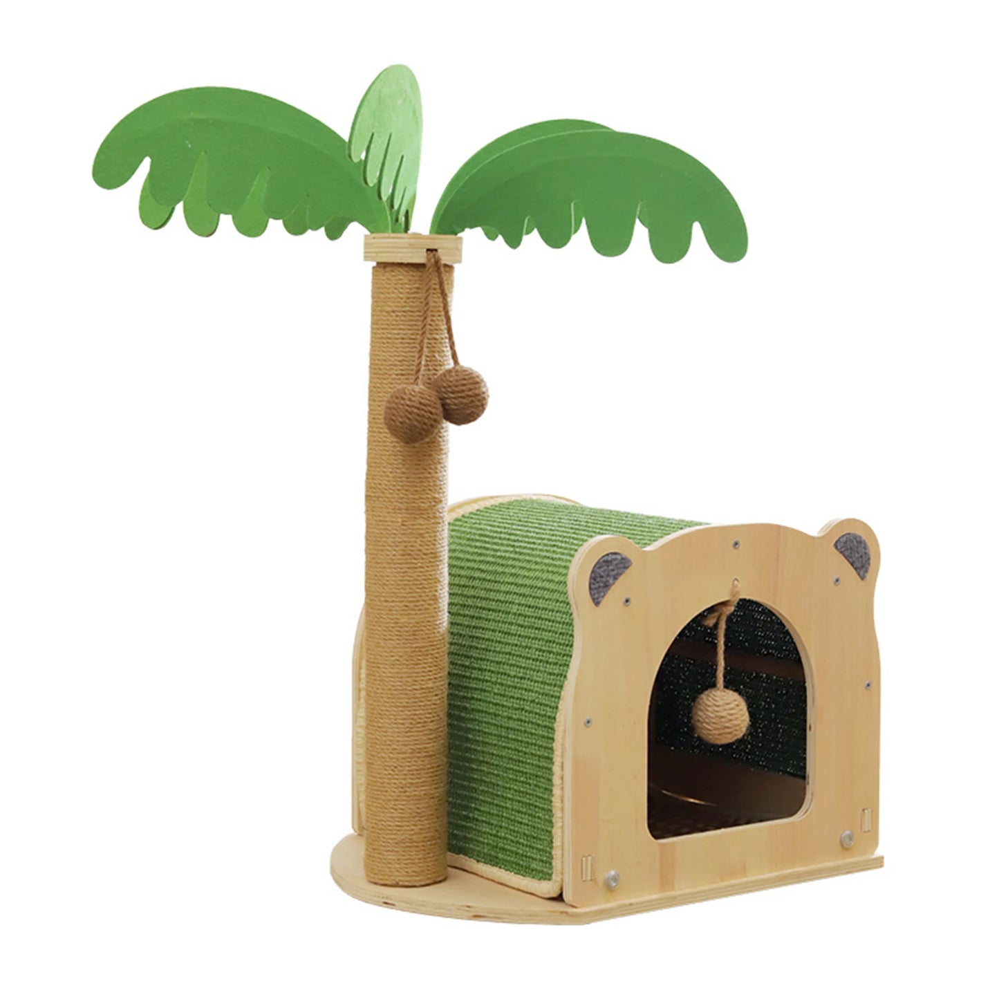 Coconut Tree Sisal Scratch Posts with Hanging Balls Cat Toy Wooden Interactive Condo for Kittens and Cats