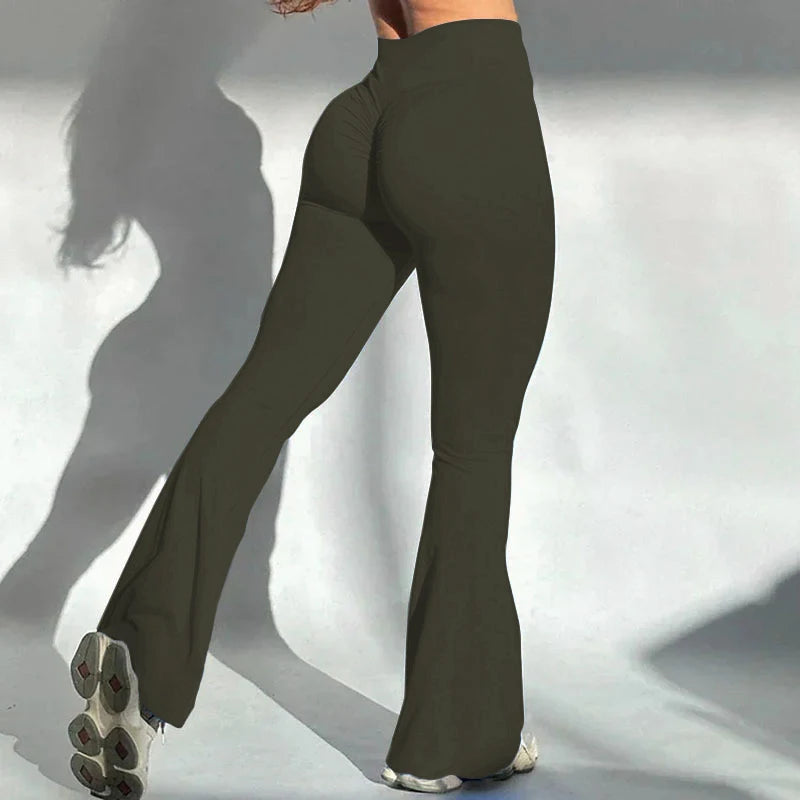 Women's Yoga Flare Trousers, High-Waisted Tummy-Control Wide-Leg Trousers Outdoor Casual Leggings with Pockets, Gym Workout Trou