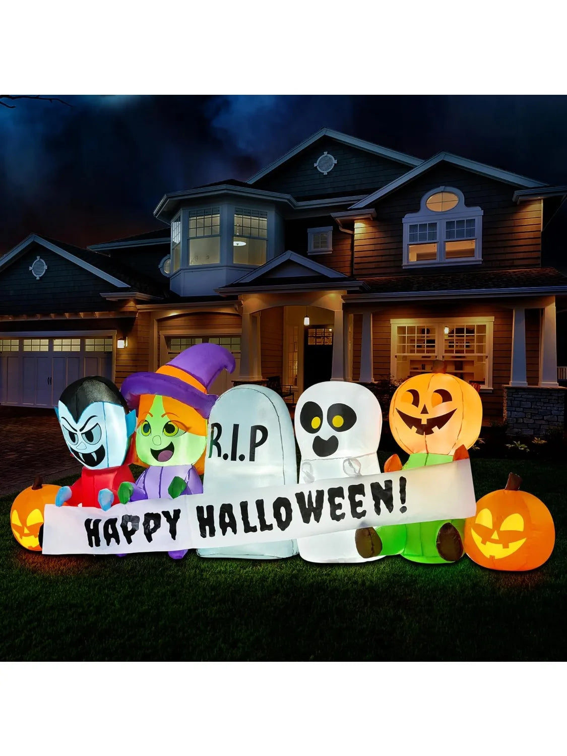 8 FT Long Pumpkin Ghost Vampire Witch Tombstone Inflatable Halloween Decor Outdoor Halloween Blow Up Decorations Inflatable  with LEDs for Yard Decorations