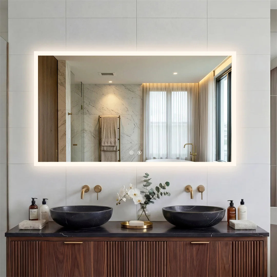 LED Rectangular Wall Mount Smart Bathroom Vanity Mirror Tempered Glass with 3 Color Temperature Options And Defog Feature for Makeup