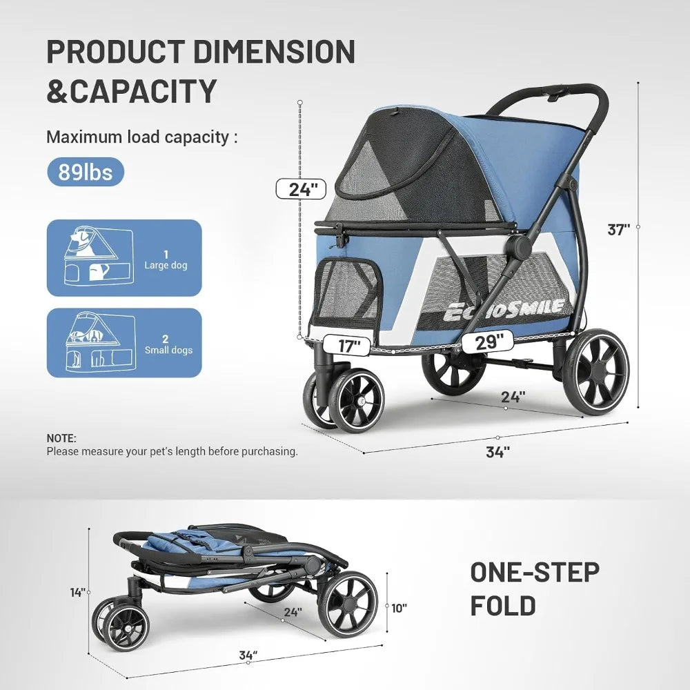 Foldable Pet Stroller for Medium & Small Dogs, 3-Wheel with Brakes, All-Terrain Carrier with Breathable Mesh, Safety Leash & Storage Pocket