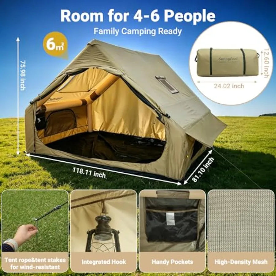 Glamping camping tent for 2-10 persons, heavy-duty waterproof windproof Oxford fabric, beige, quick 5-min setup with pump, pano
