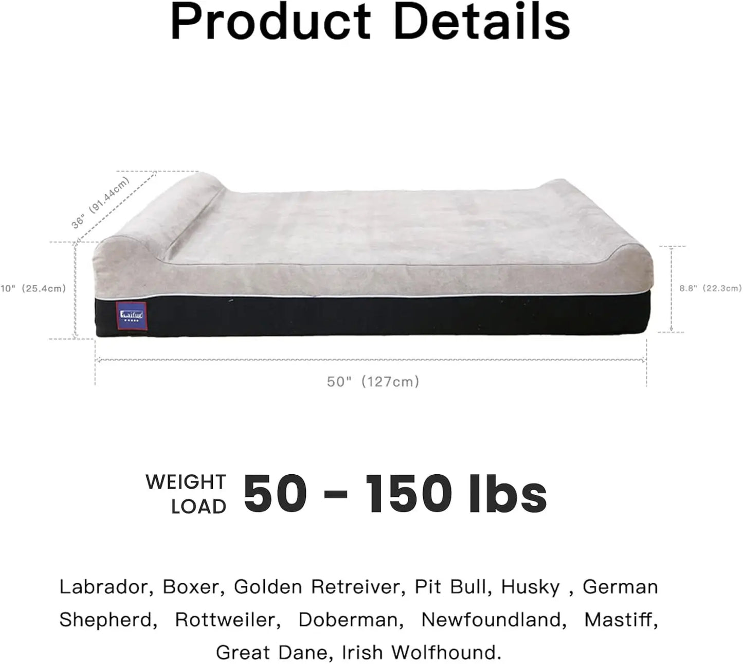 Extra Large Orthopedic Memory Foam Dog Bed with Waterproof Liner & Washable Cover, 50x36x10 Inches, Slate Grey