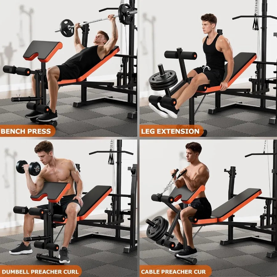 Home gym strength training bench: 9-in-1 adjustable weight bench with lat pulldown, row, squat rack & Leg Curl