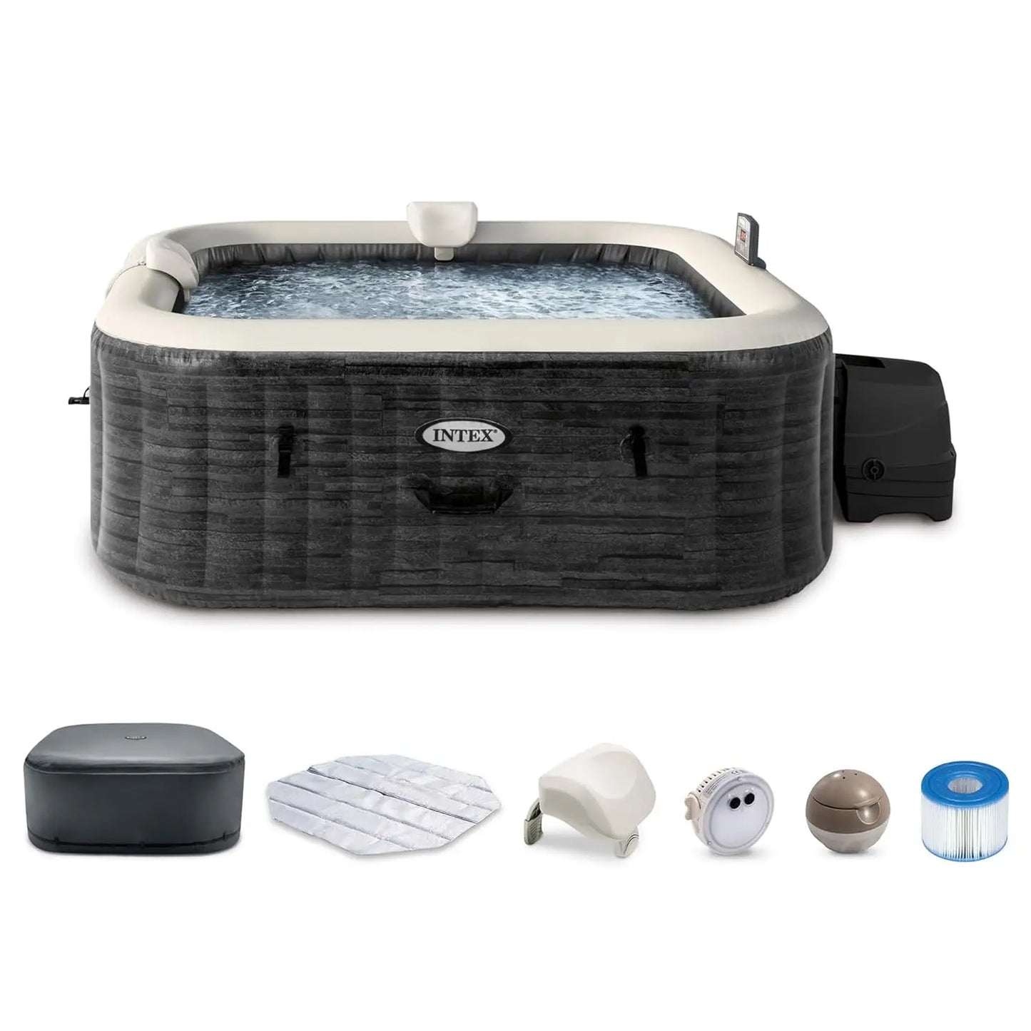 PureSpa Greystone Deluxe 6 Person Square Inflatable Hot Tub, Bubble Massage Spa Set with Energy Efficient Cover, 2, Customized