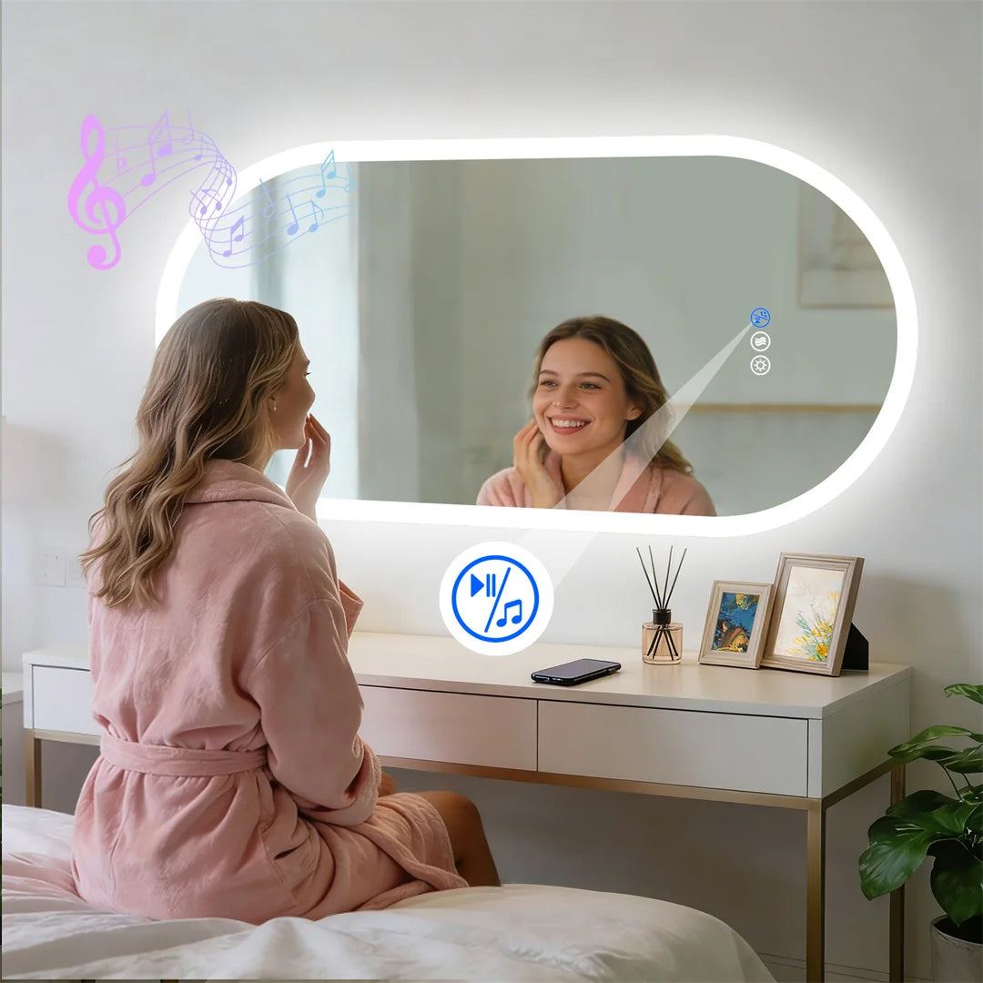 LUVODI Smart Bluetooth Lighted Bathroom Mirror with Dimming Backlit Wall Vanity Anti-Fog Tempered Glass for Sink Dressing