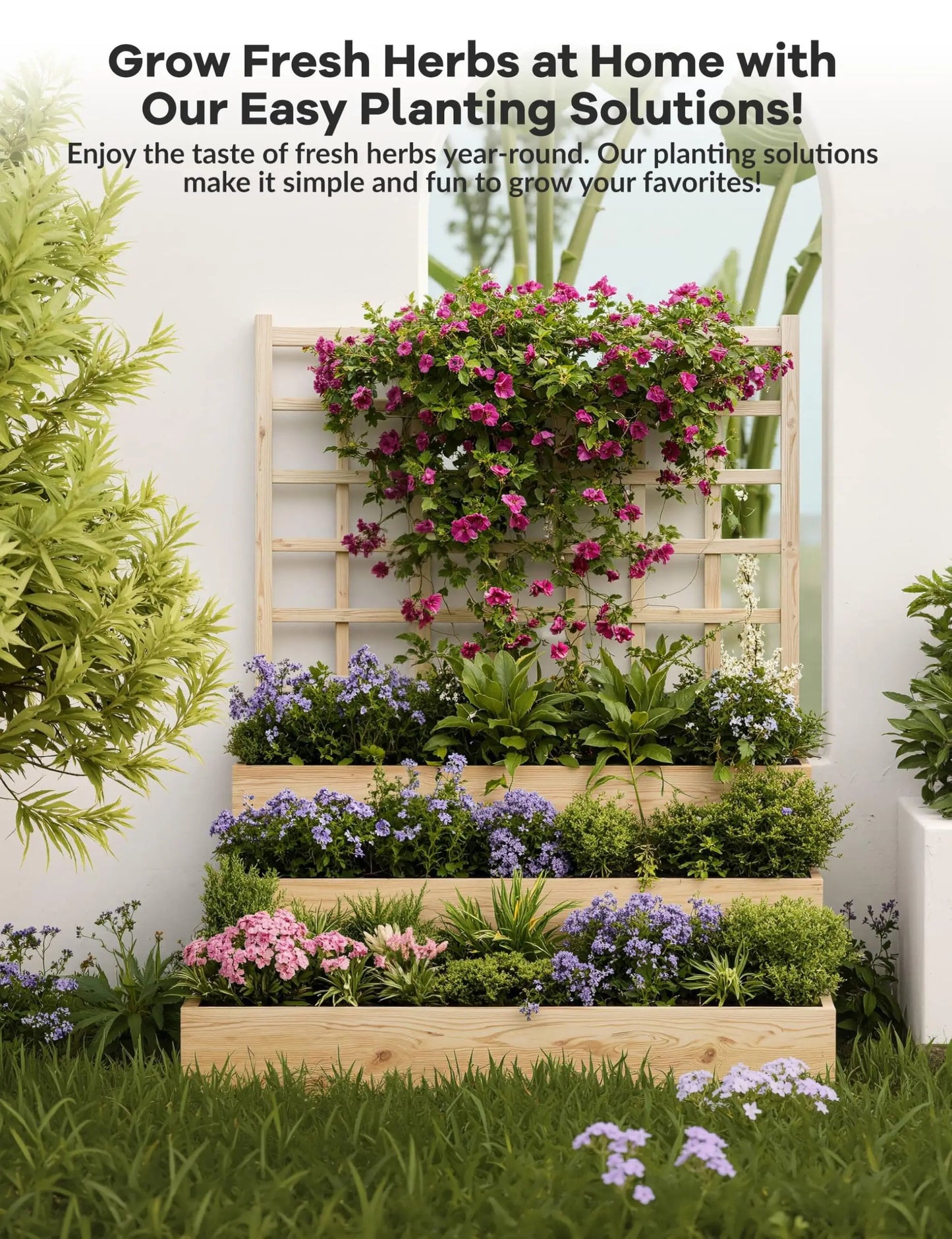 3-Tier Elevated Garden Bed with Trellis - Wooden Vertical Planter Box for Vegetables, Flowers, Herbs & Climbing Plants - Outdoor