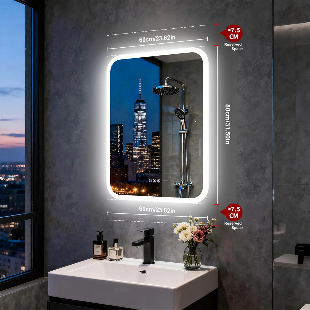 LUVODI 60x80cm Rectangle Smart LED Bathroom Mirror with Bluetooth Speaker - Anti Fog Illuminated Vanity Makeup Mirror Dimmable 3 Colors Wall LED Backlight