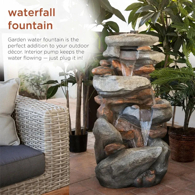 WIN316 40" Floor Fountain – 4-Tiered Rock Water Feature with Cascading Streams & White LED Lights – Tranquil