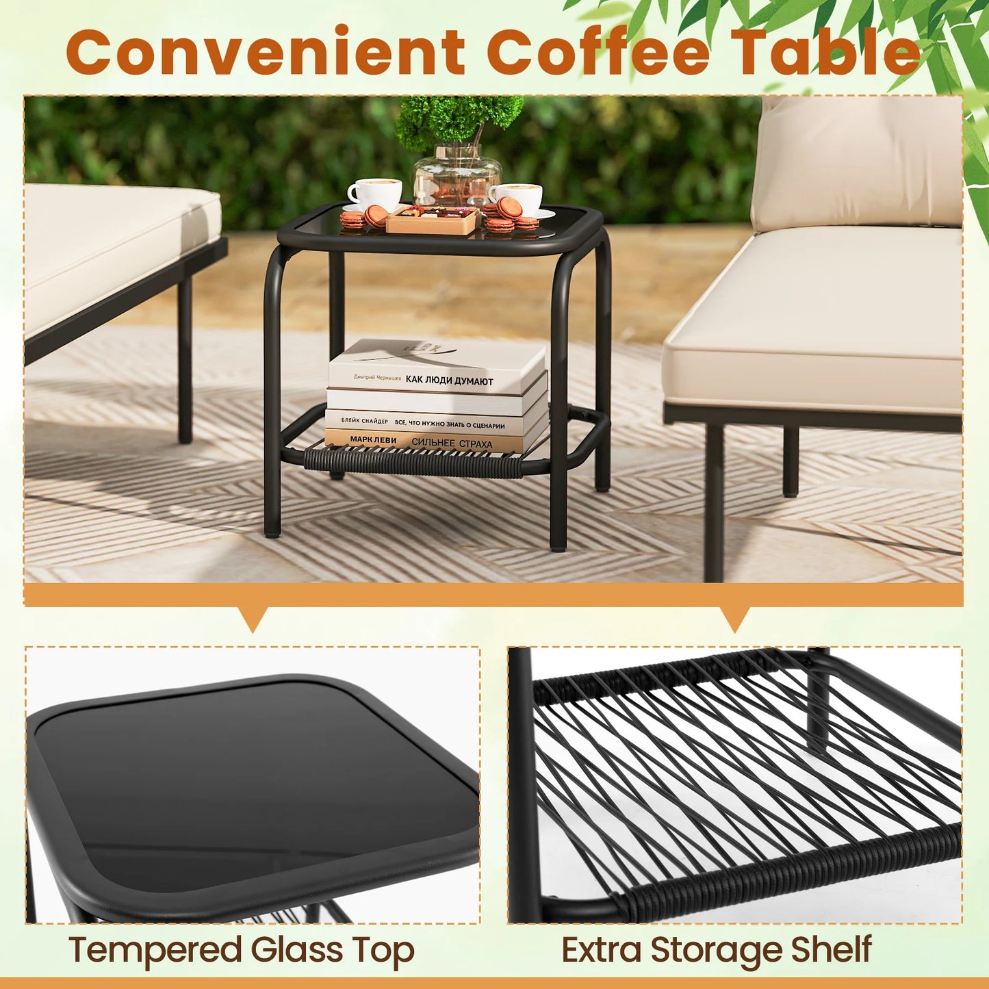 3-Piece L Shaped Patio Furniture Set w/Tempered Glass Table Back & Seat Cushions