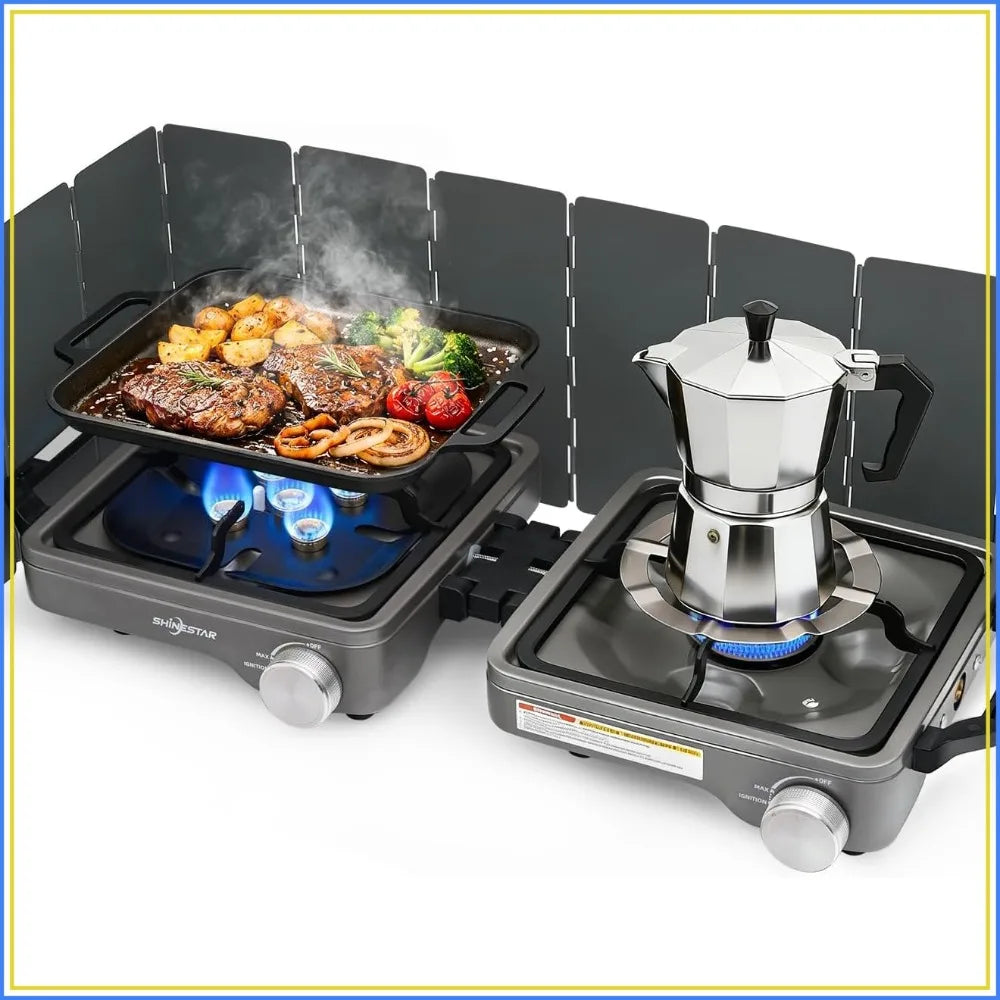 2 Burner Camping Stove, 24000 BTU Portable Propane Stove with Brass Burner, Foldable Gas Stove with Windshield & Coffee Stand for Outdoor Cooking