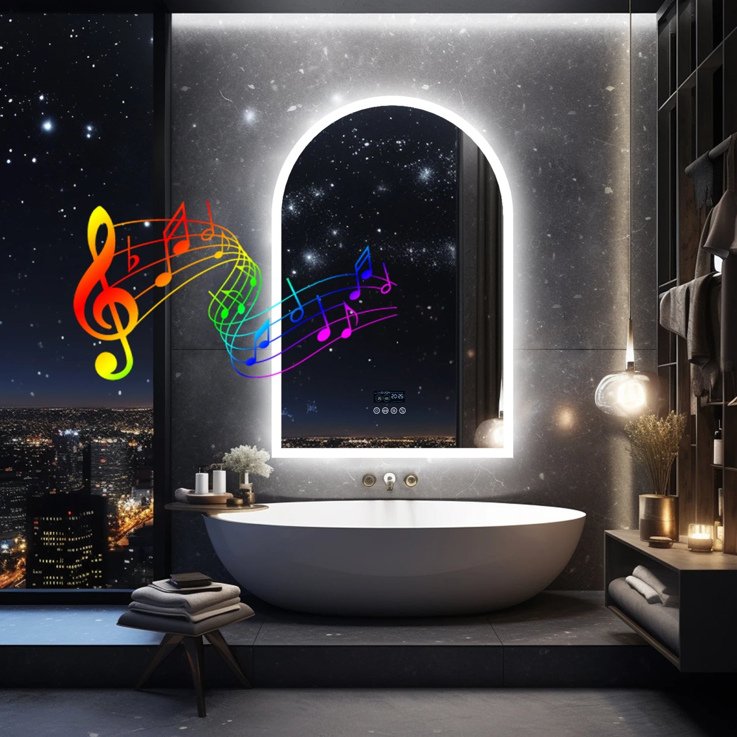 LUVODI Arched Bluetooth Bathroom Mirror with LED Backlight Dimmable Fogless Vanity Mirror with Time And Temperature Display
