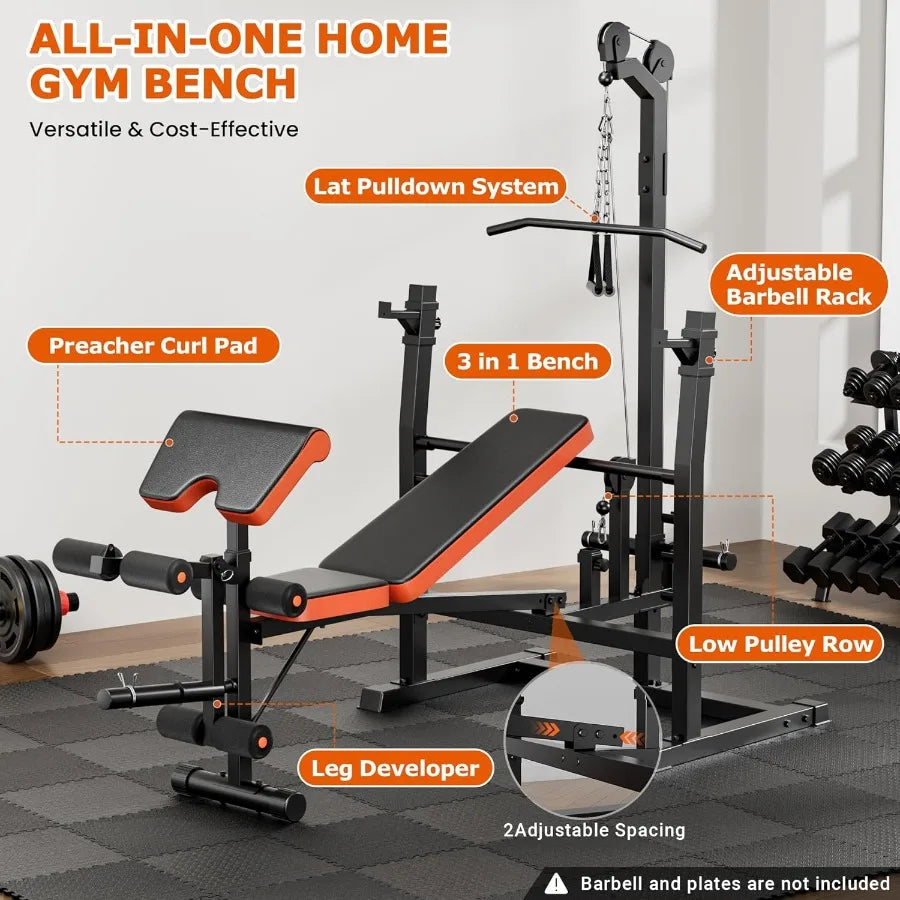 Home gym strength training bench: 9-in-1 adjustable weight bench with lat pulldown, row, squat rack & Leg Curl