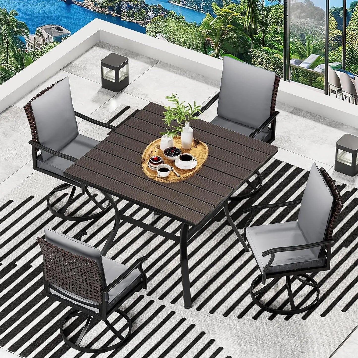 5 Piece Outdoor Patio Dining Set with 4 Swivel Dining Chairs & 1 Large Round Dining Table,Bistro Furniture Set for, Customized