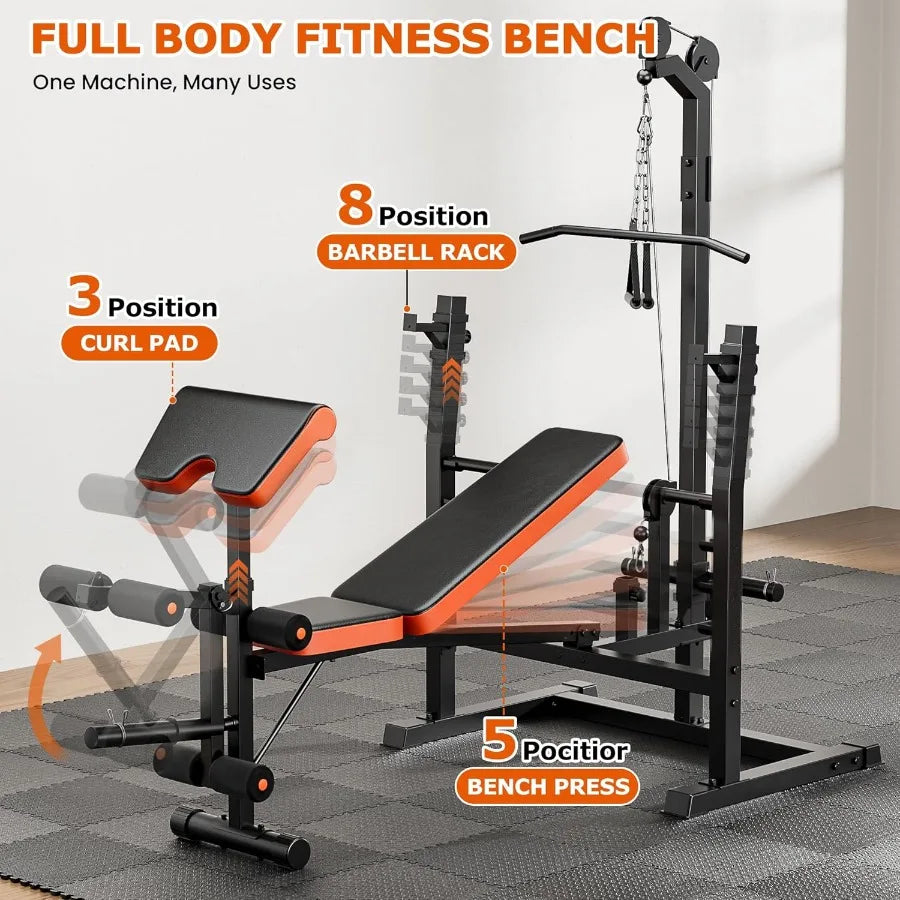 Home gym strength training bench: 9-in-1 adjustable weight bench with lat pulldown, row, squat rack & Leg Curl