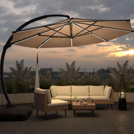11FT Solar Powered LED Light Cantilever Patio Umbrella with Base Included, Large Cantilever Umbrella with, Customized