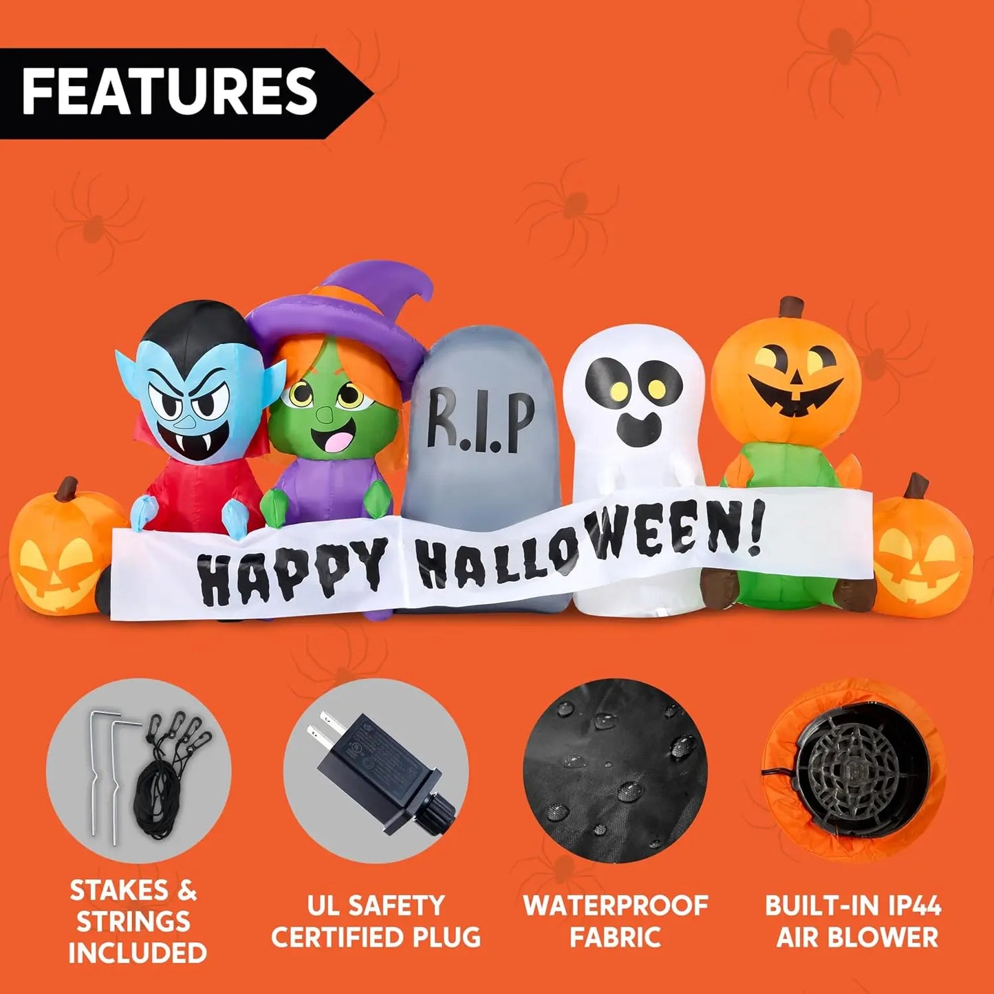 8 FT Long Pumpkin Ghost Vampire Witch Tombstone Inflatable Halloween Decor Outdoor Halloween Blow Up Decorations Inflatable  with LEDs for Yard Decorations