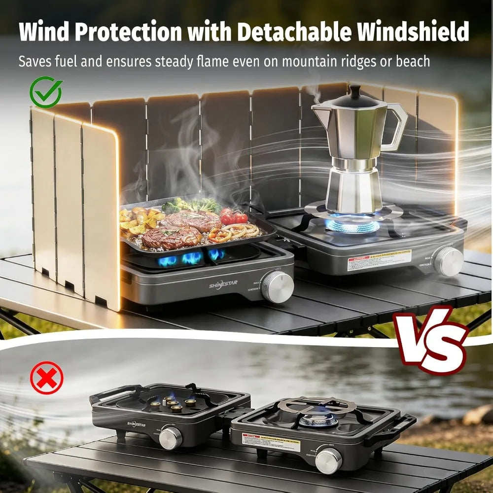 2 Burner Camping Stove, 24000 BTU Portable Propane Stove with Brass Burner, Foldable Gas Stove with Windshield & Coffee Stand for Outdoor Cooking