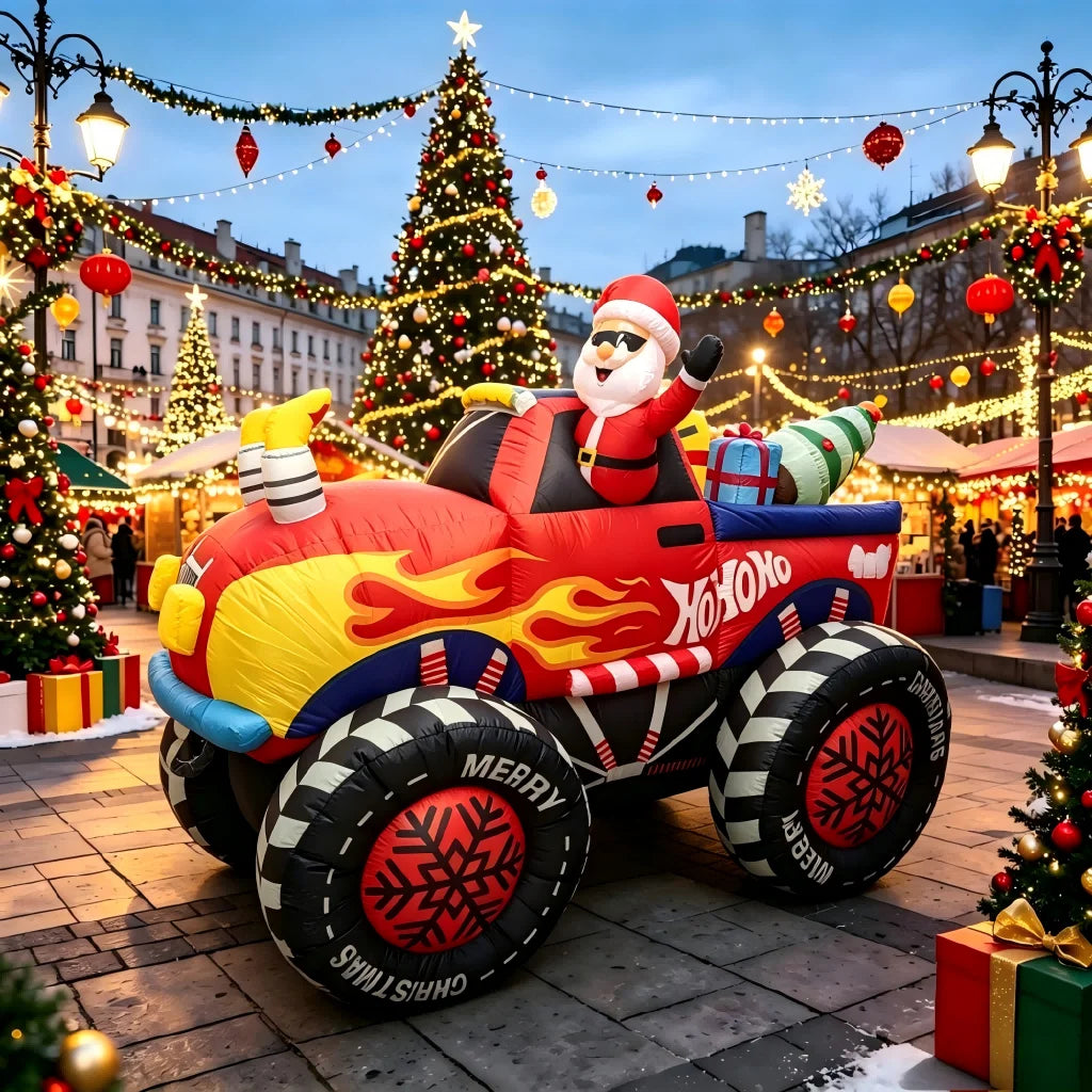 8 FT Christmas Inflatable Monster Truck, Blow Up Santa Claus Driving Red Truck with Gifts & Tree