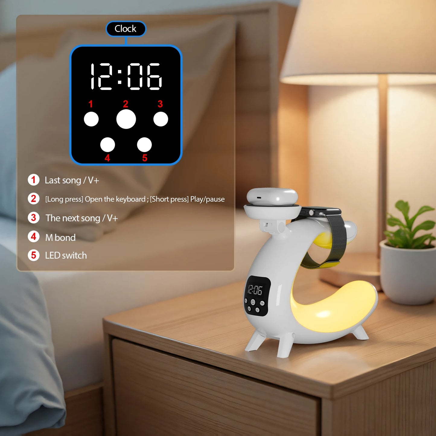 Magnetic Wireless Charger 6 In 1 With Bluetooth Speaker Clock