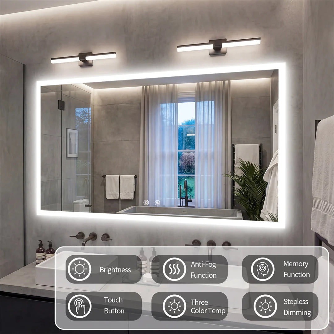 LED Rectangular Wall Mount Smart Bathroom Vanity Mirror Tempered Glass with 3 Color Temperature Options And Defog Feature for Makeup