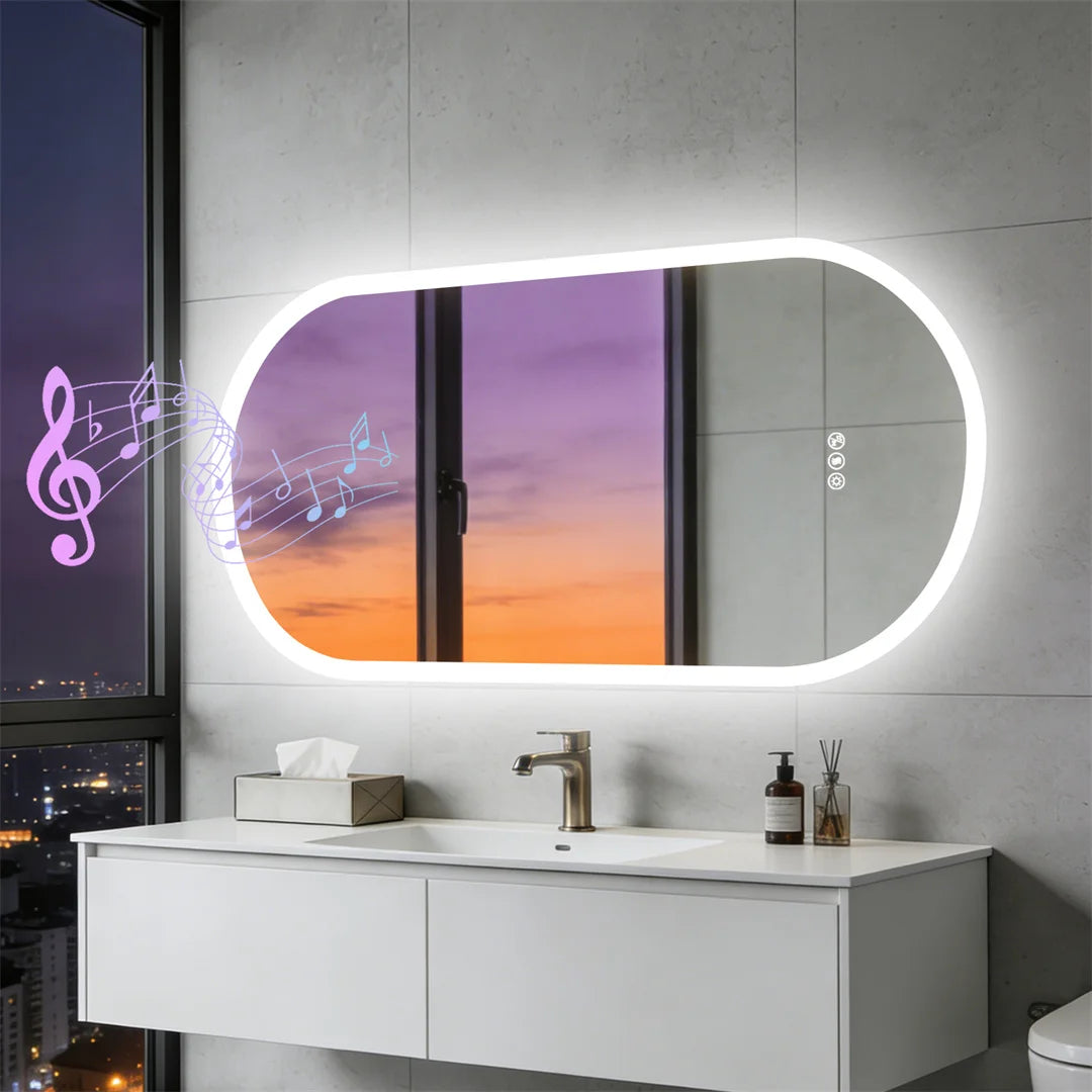 LUVODI Smart Bluetooth Lighted Bathroom Mirror with Dimming Backlit Wall Vanity Anti-Fog Tempered Glass for Sink Dressing