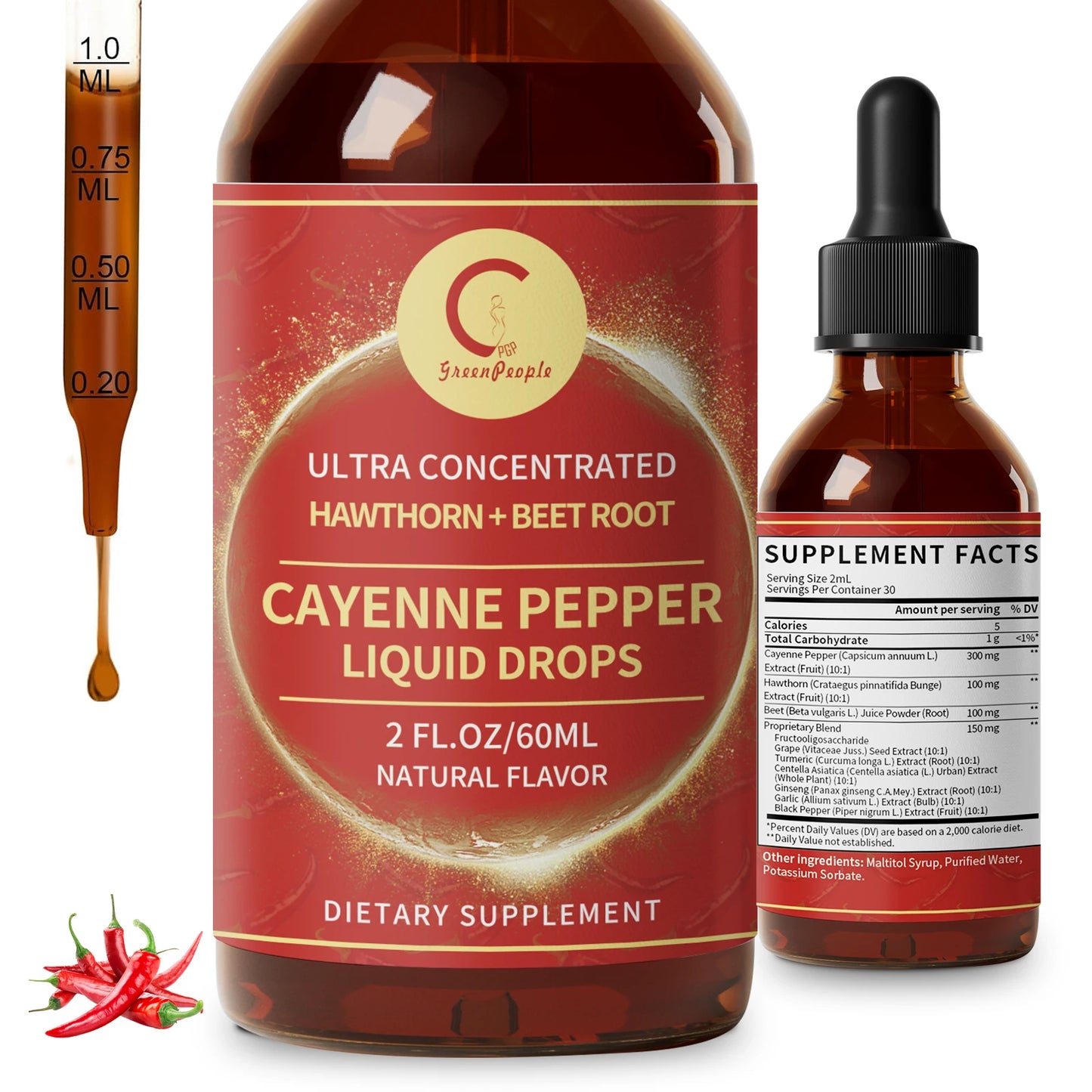 Organic Cayenne Pepper Drops 7-in-1 Complex Turmeric ,Ginseng Garlic Supplement Support Heart Function& Blood Pressure Balance