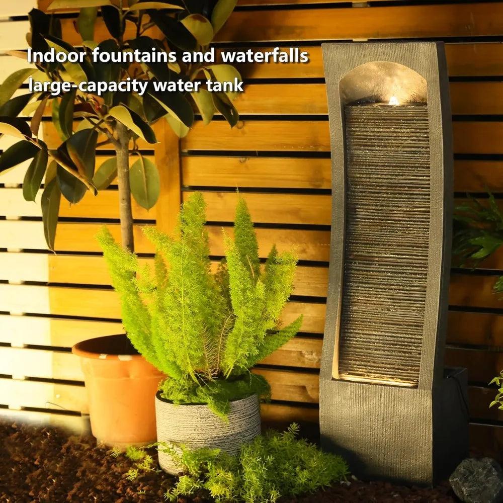 Modern Indoor Water Fountain Curved Faux Slate Waterfall Fountain with LED Lighting, 42.5-Inch Tall Tiered Waterfall Fountain fo