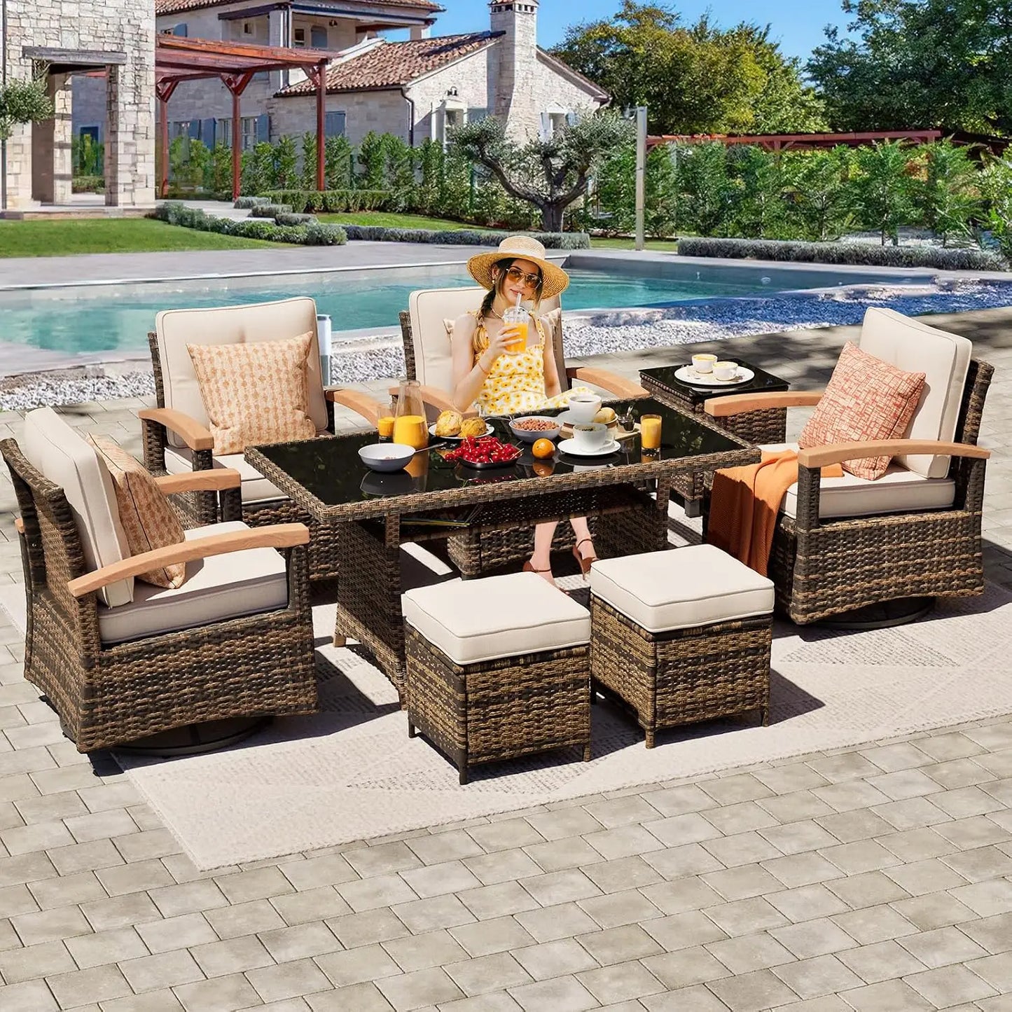 8 Pieces Patio Furniture Sets, PE Wicker Outdoor Conversation Sets with 2 Wood Armrests Swivel Rocker Chairs, 2, Customized