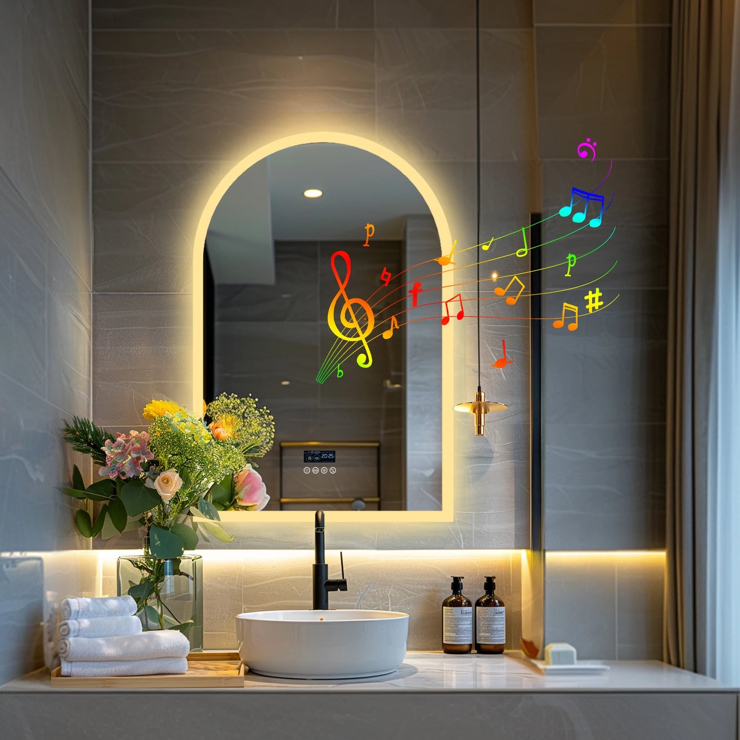 LUVODI Arched Bluetooth Bathroom Mirror with LED Backlight Dimmable Fogless Vanity Mirror with Time And Temperature Display