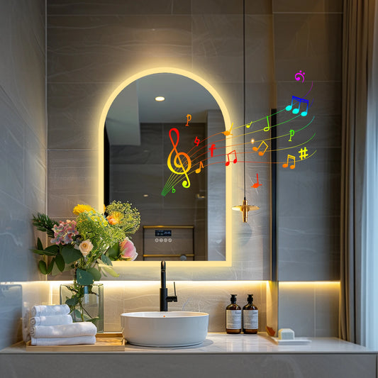 LUVODI Arched Bluetooth Bathroom Mirror with LED Backlight Dimmable Fogless Vanity Mirror with Time And Temperature Display