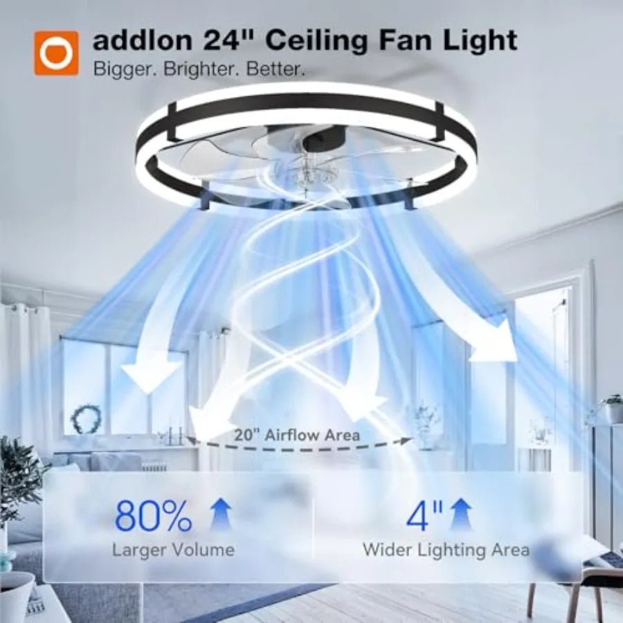 24'' ceiling fan with light for bedroom, kitchen, living room; black metal; dimmable 3000-6000K LED; low-profile flush mount, m