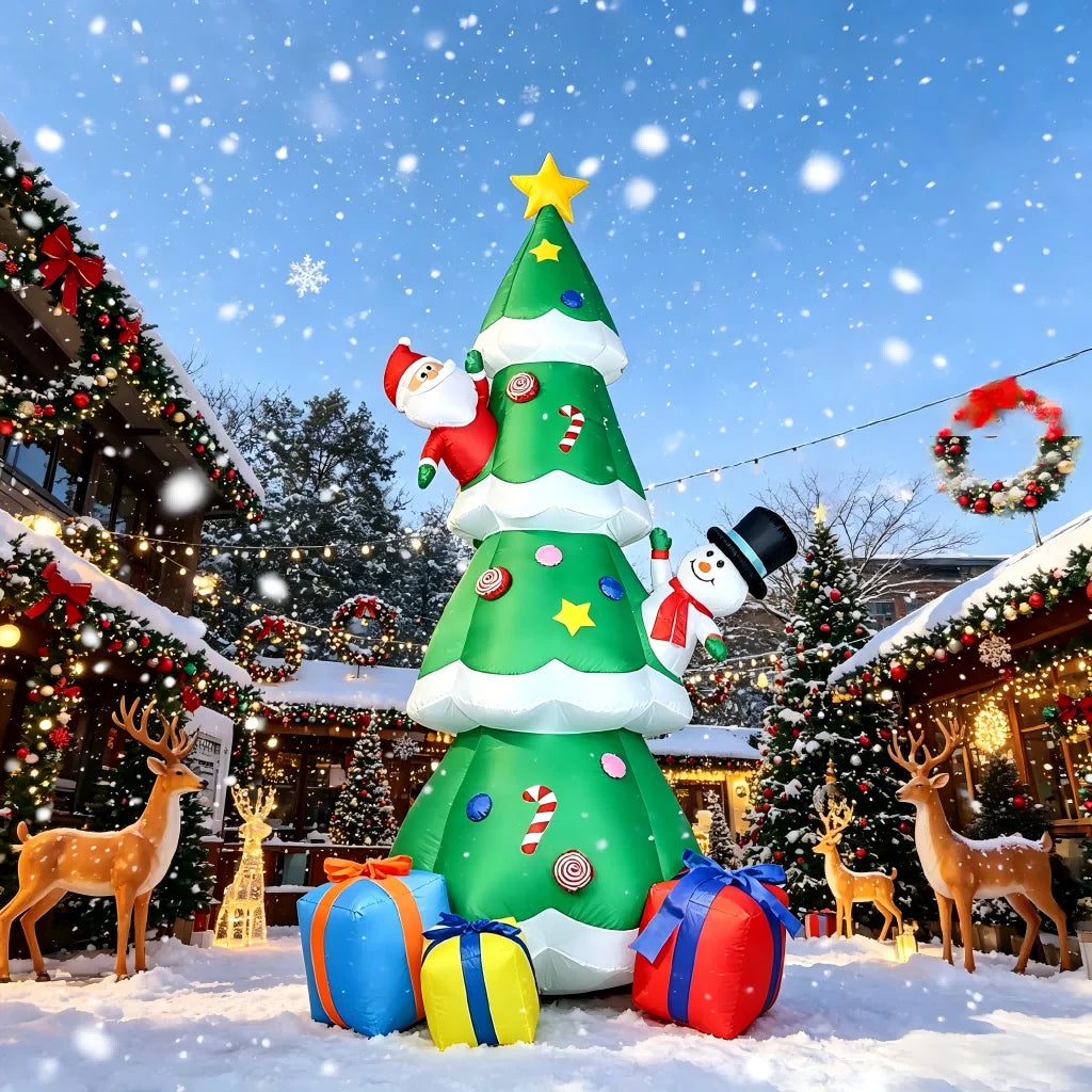 9FT Blow Up Christmas Tree with Santa & Snowman, Built-in LED Lights,