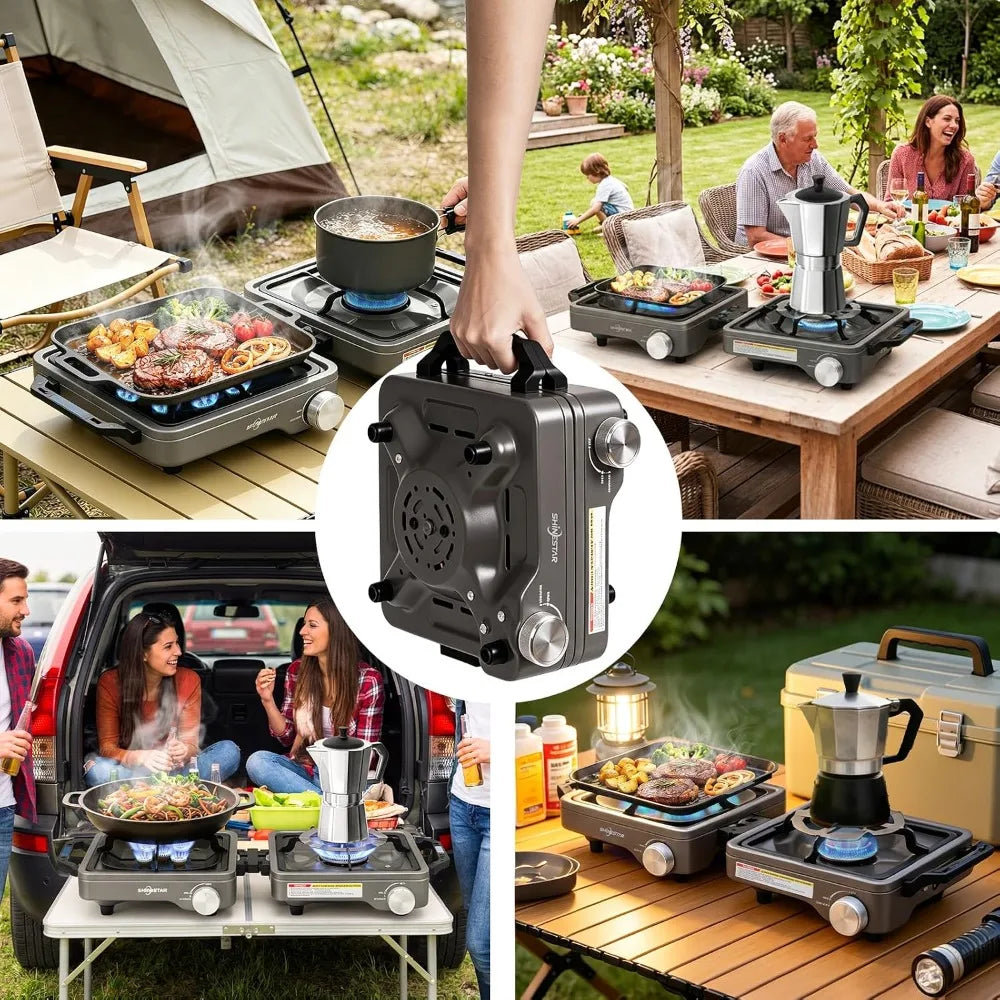 2 Burner Camping Stove, 24000 BTU Portable Propane Stove with Brass Burner, Foldable Gas Stove with Windshield & Coffee Stand for Outdoor Cooking