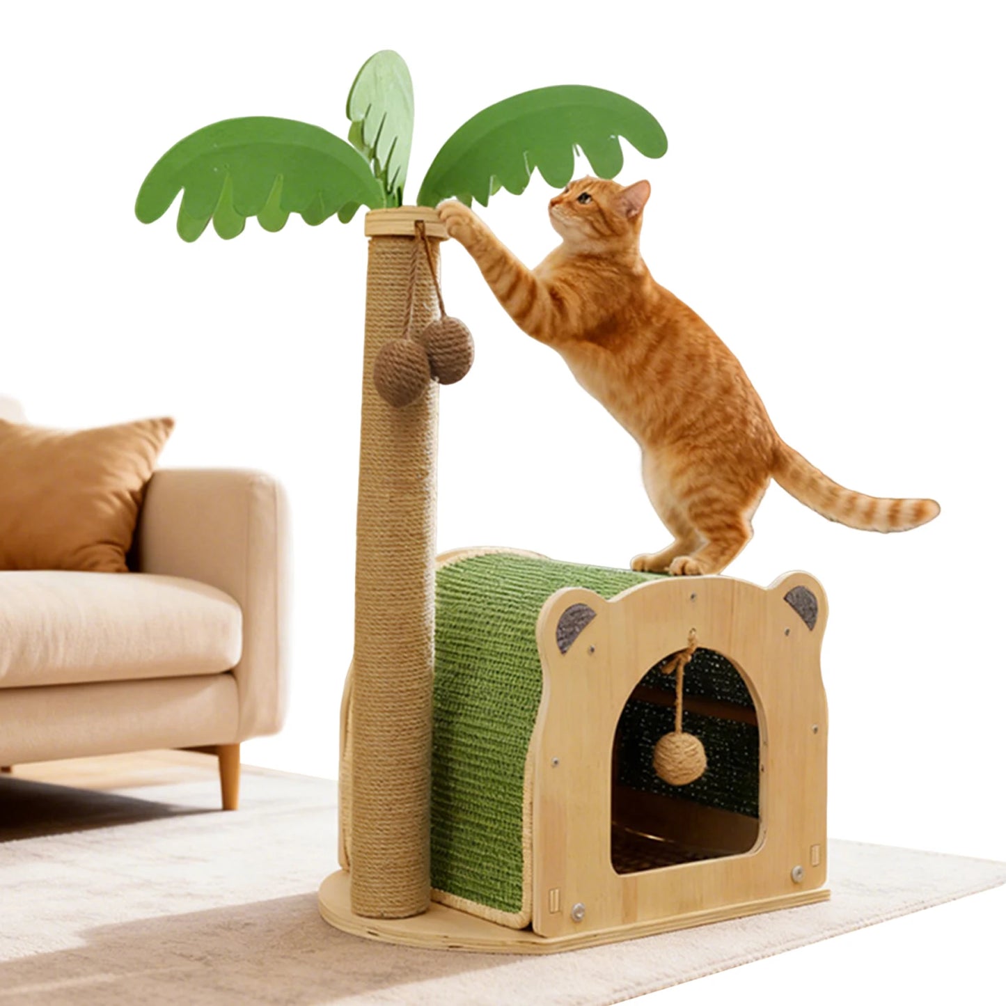 Coconut Tree Sisal Scratch Posts with Hanging Balls Cat Toy Wooden Interactive Condo for Kittens and Cats