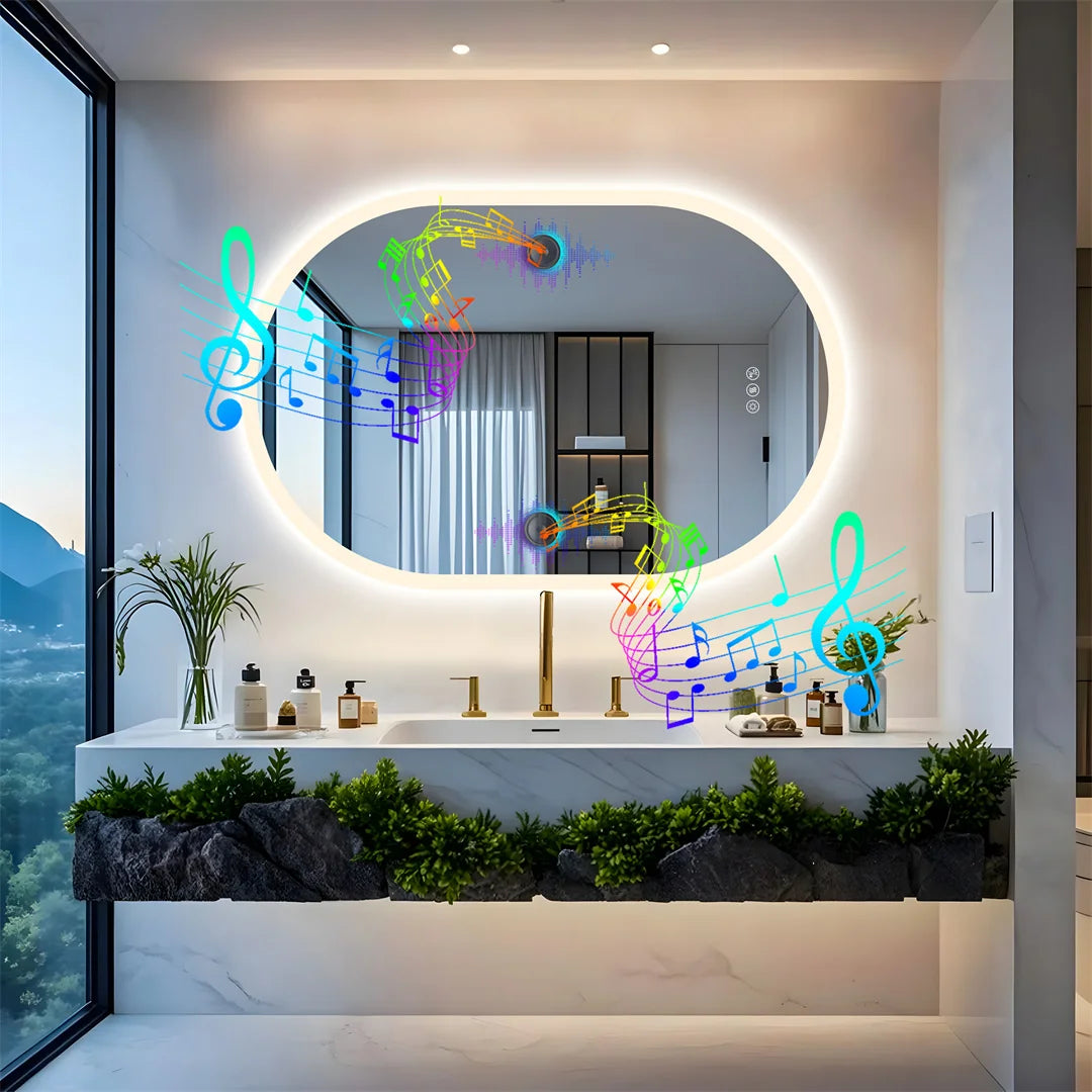 60x90cm Smart Frameless LED Mirror Bathroom, Wall Mounted with Bluetooth Speaker, 3 Color Dimmable Anti-Fog IP44 Waterproof Vanity Mirror for Home